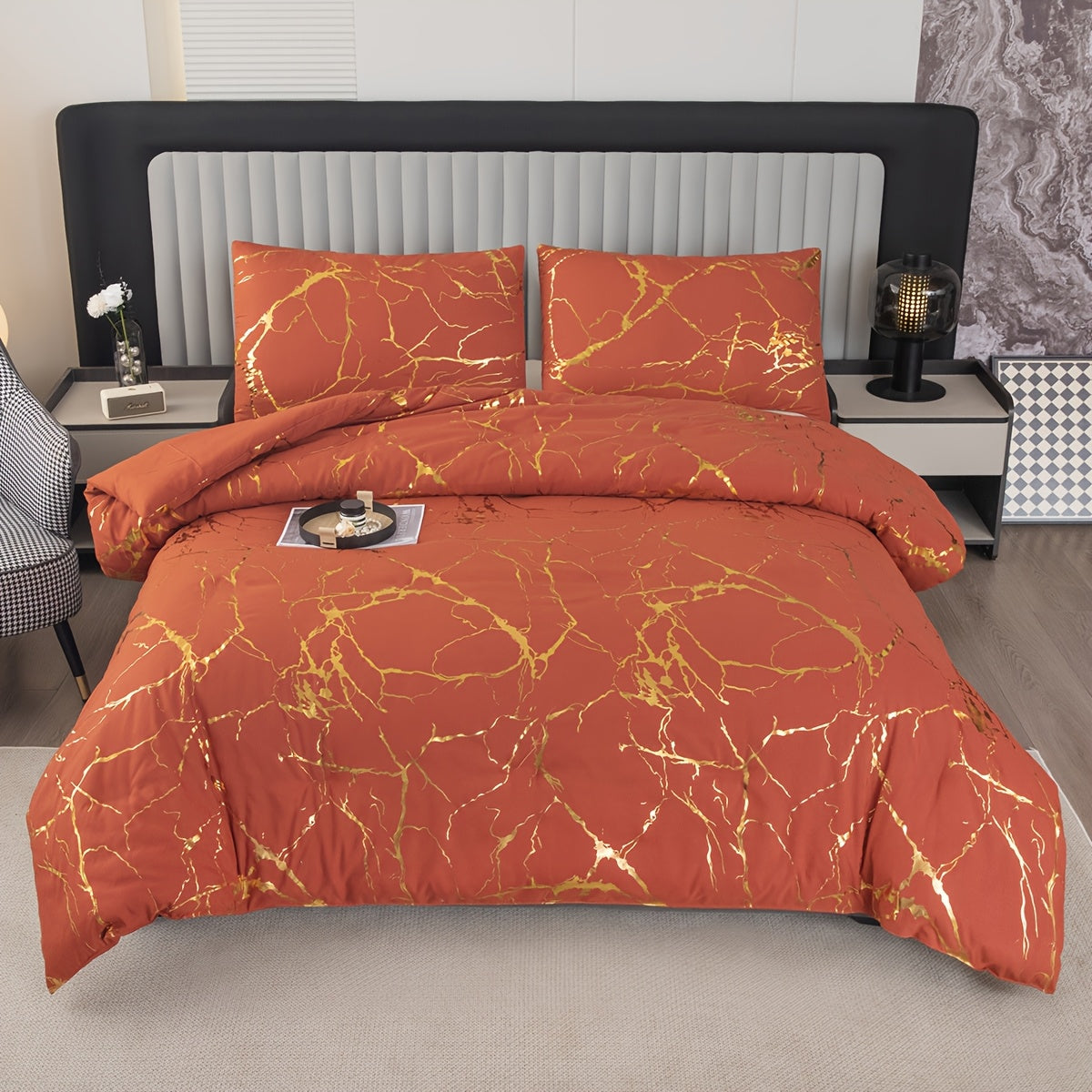 Elegant Marble Pattern Bedding Set in Pink Gray Green Blue Purple Washable Ultra-fine Fiber Duvet Cover 2-3 Piece