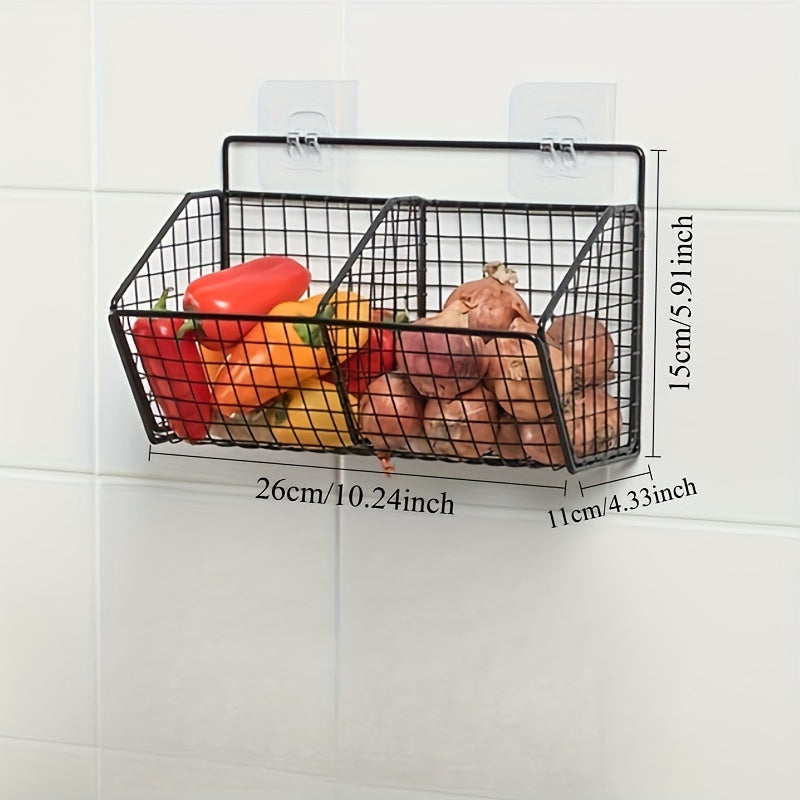 Sabzavotlar, sarimsoq va piyozlarni tartibga solish uchun devorga o'rnatiladigan oshxona saqlash savati. Mustahkam metalldan tayyorlangan, bu ko'p maqsadli osma tashkilotchisi kichik oshxona va hammom saqlash uchun ideal. Batareyalar talab qilinmaydi.