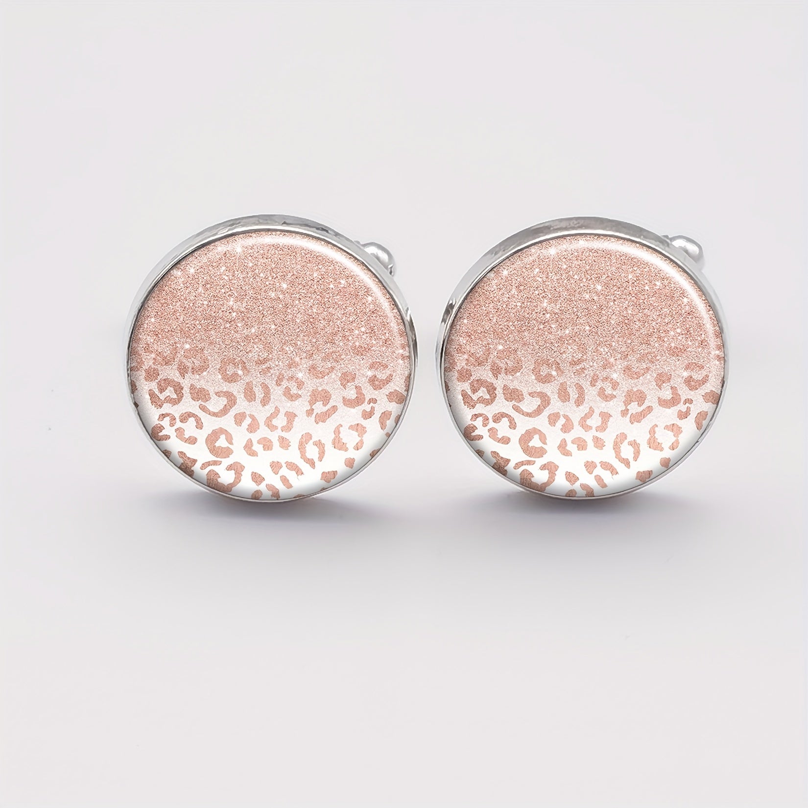 Set of 2 Unisex Metal Cufflinks Round Glitter Leopard Ombre Pattern Elegant Tuxedo Shirt Accessories