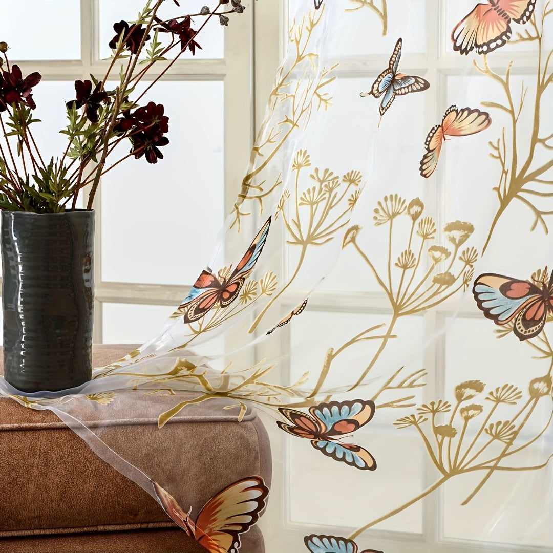 Butterfly Print Sheer Curtain Grommet Top Tulle Window Treatment for Bedroom Living Room