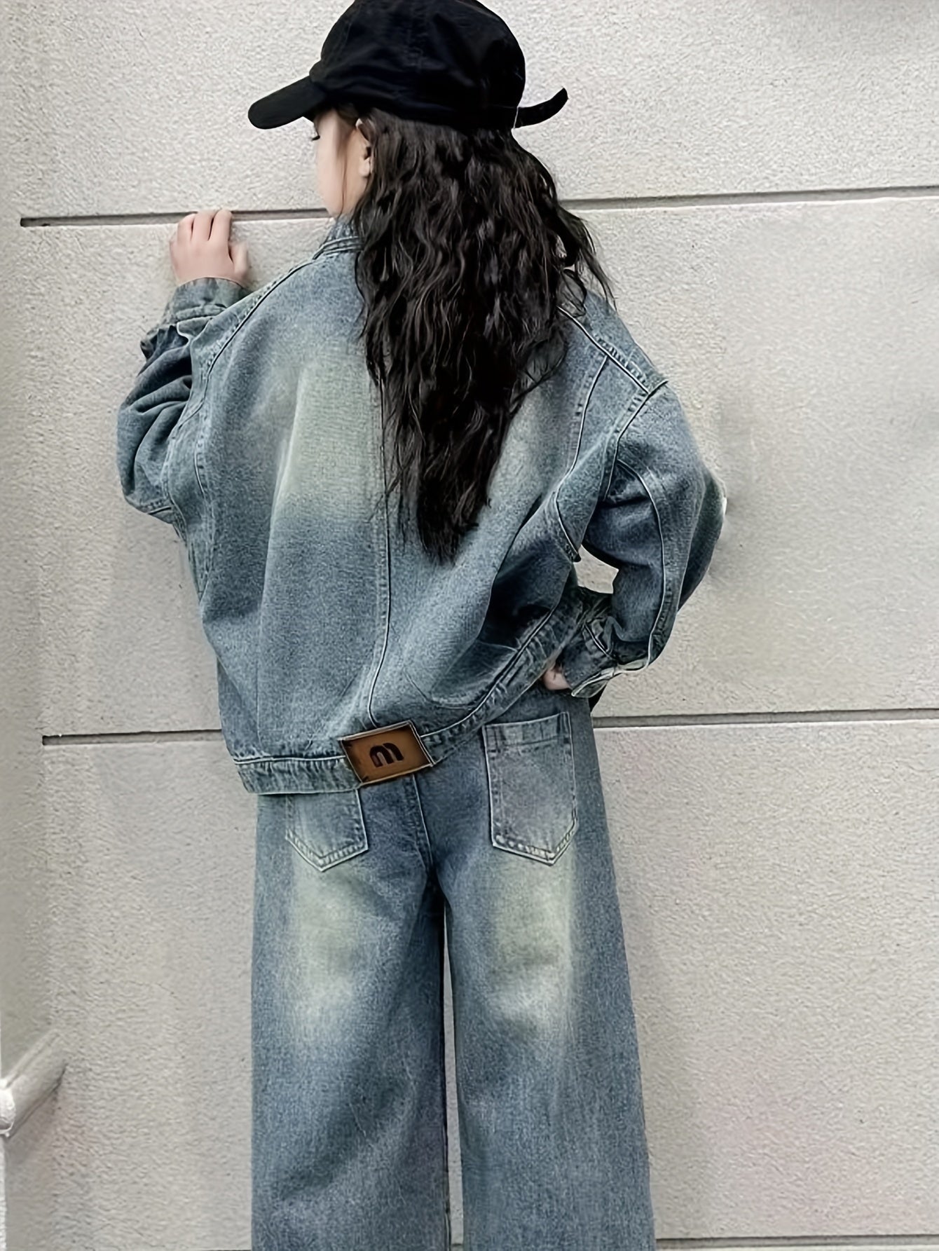 Girls Spring 2024 Casual Denim Wide-Leg Pants and Jacket Set for Kids