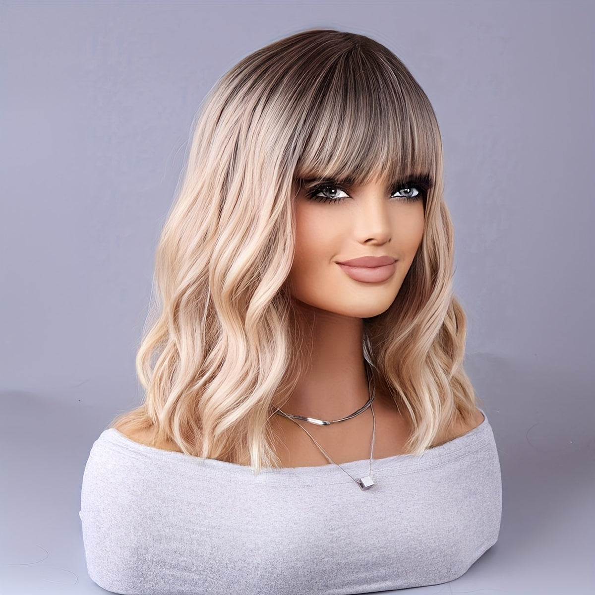 Women Long Curly Ombre European Style Heat-Resistant Wig with Center Part and Rose Net Cap