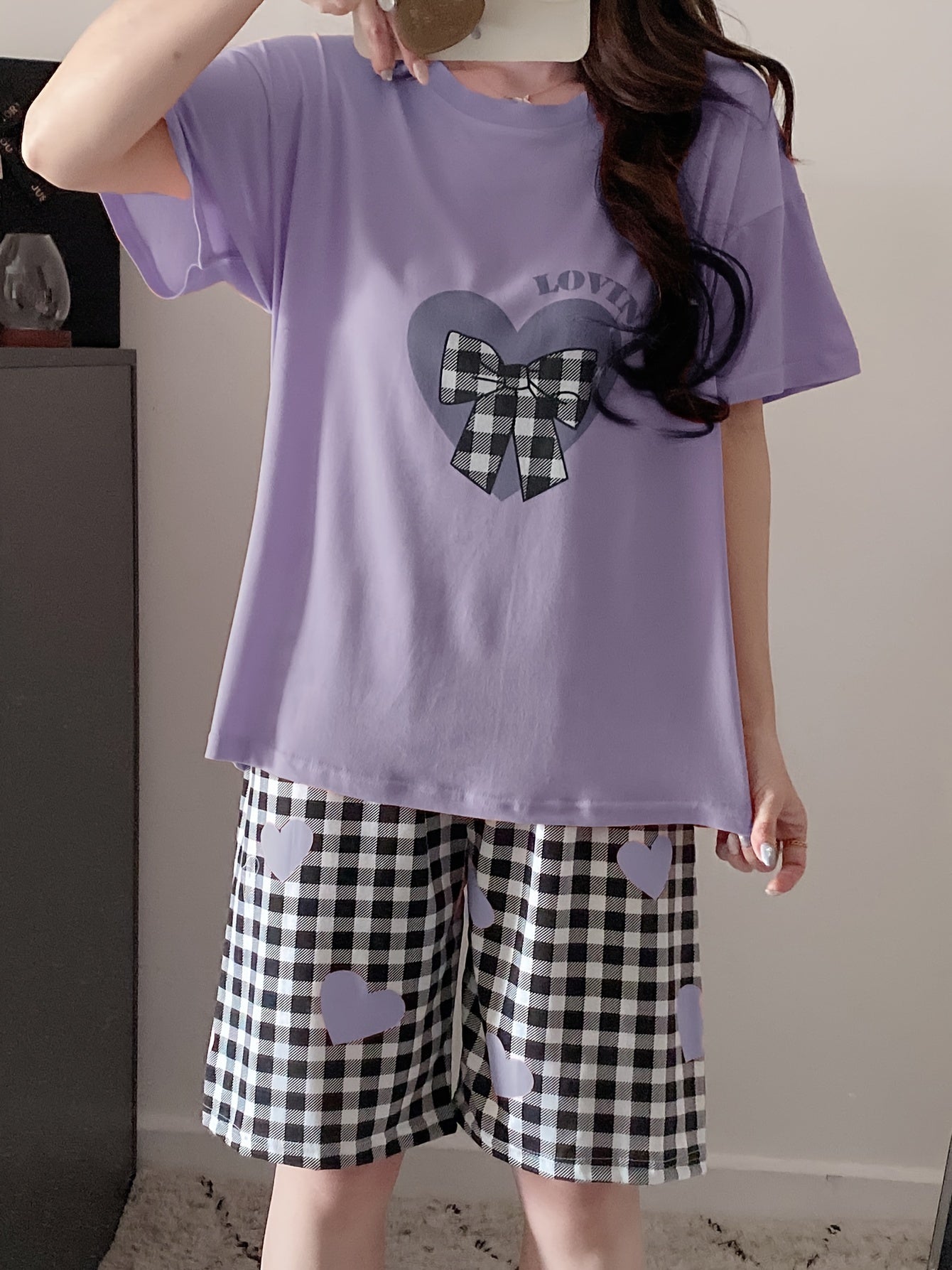 Women's Plus Size Pajama Set Light Purple Heart Checkered Lounge Wear