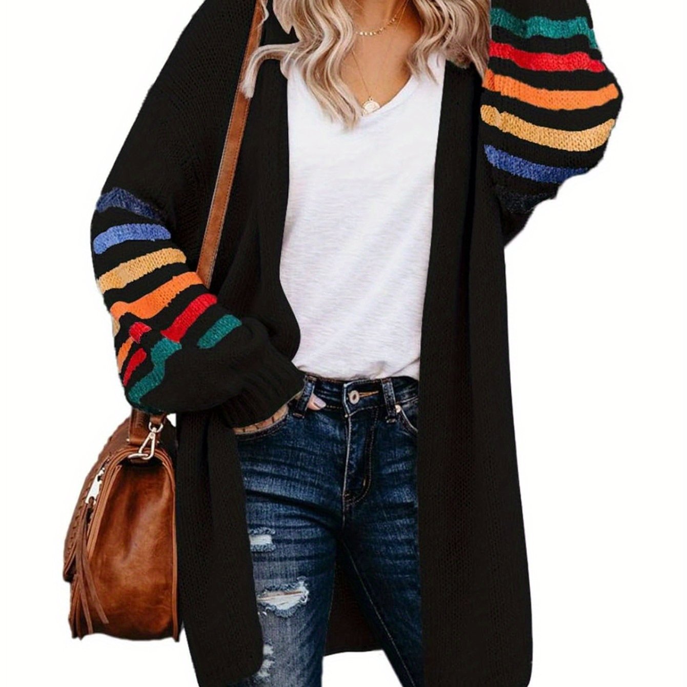 Women's Striped Knit Cardigan Long Sleeve Open Front Sweater Autumn Winter