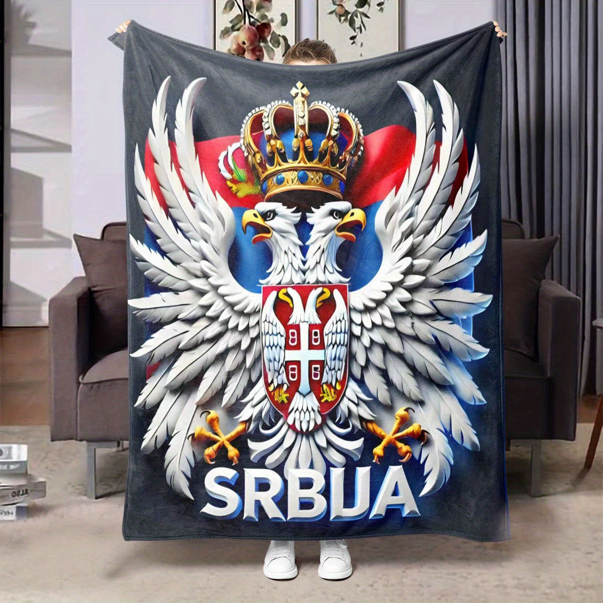 Polyester Flannel Throw Blanket with Serbian Double Eagle Crown Digital Print Lightweight Cozy Stain-Resistant for Home Travel