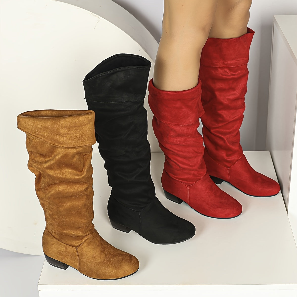 Women's Mid-Calf Stretch Boots Chunky Heel Slip-On Solid Color