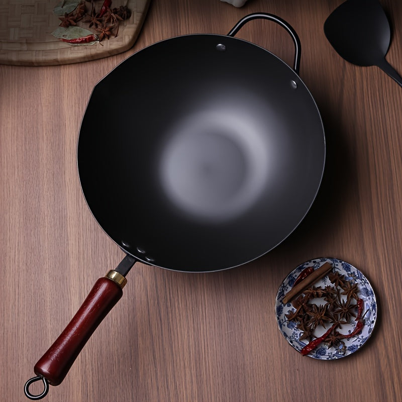 Versatile Cast Iron Dutch Oven Wok with Wooden Lid for Stir Fry, Uncoated