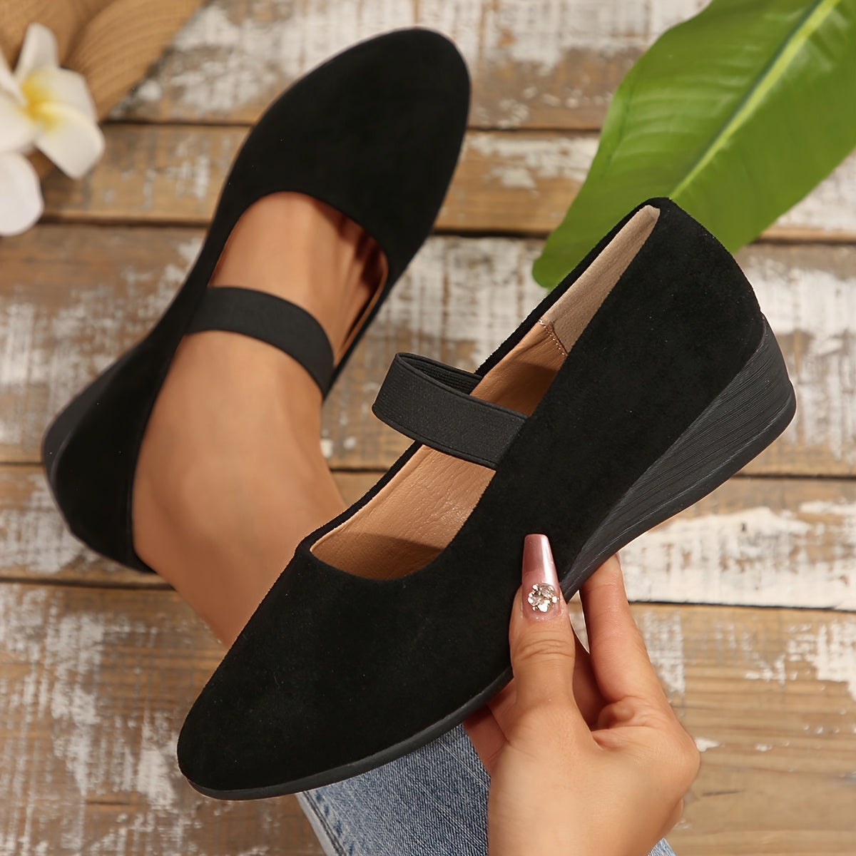 Women's Black Slip-On Wedge Heeled Shoes with Cushioned Insole and Rubber Sole