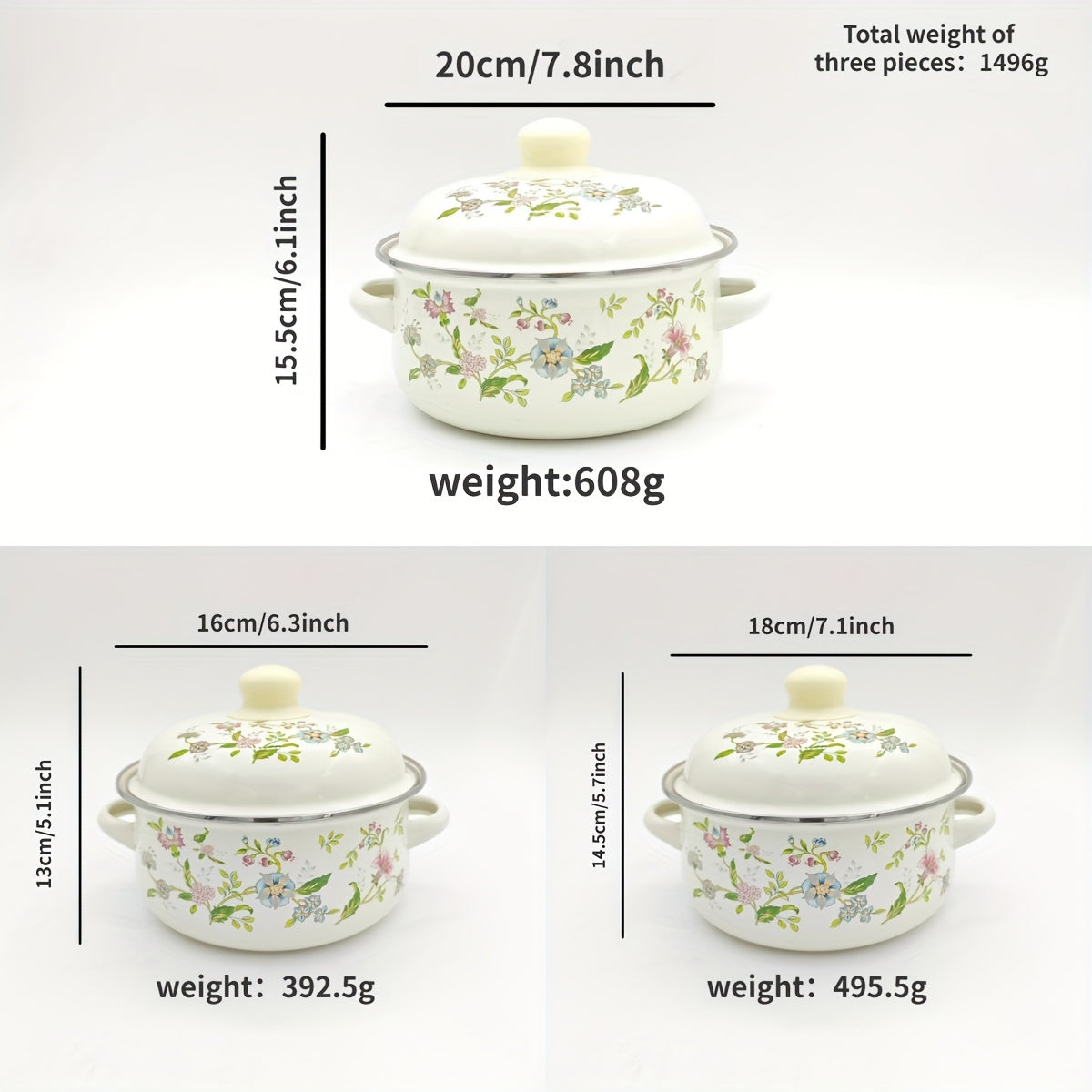 Набор из 3 эмалированных соусников с цветочным дизайном для газовых плит и домашнего использования