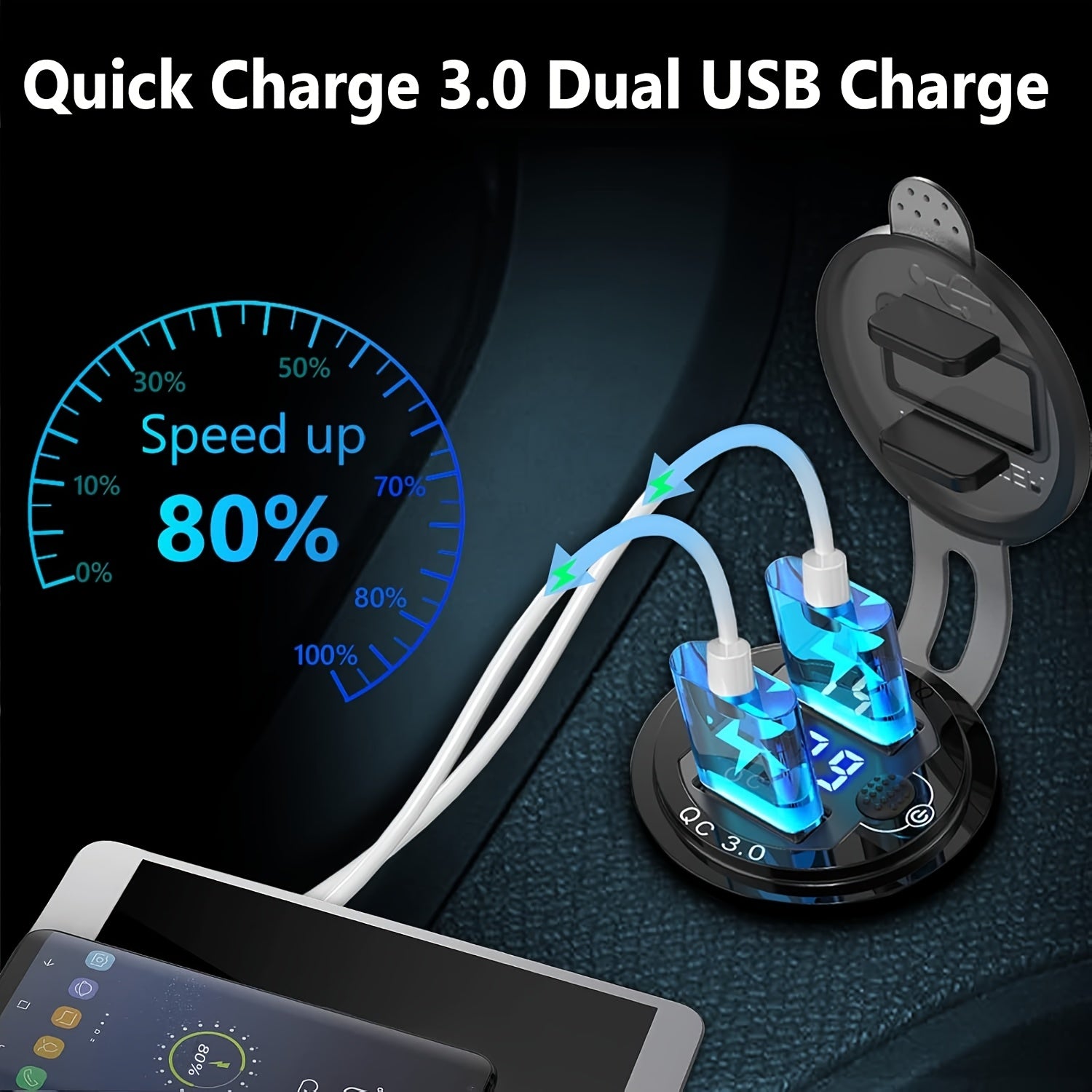 Dual USB Car Charger Aluminum Alloy Fast Charging Adapter for Vehicles Boats
