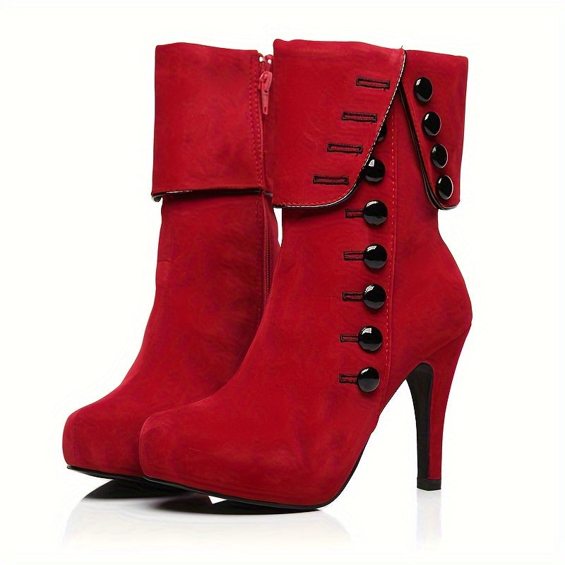 Women's Red High Heel Short Boots With Platform and Thin Sole