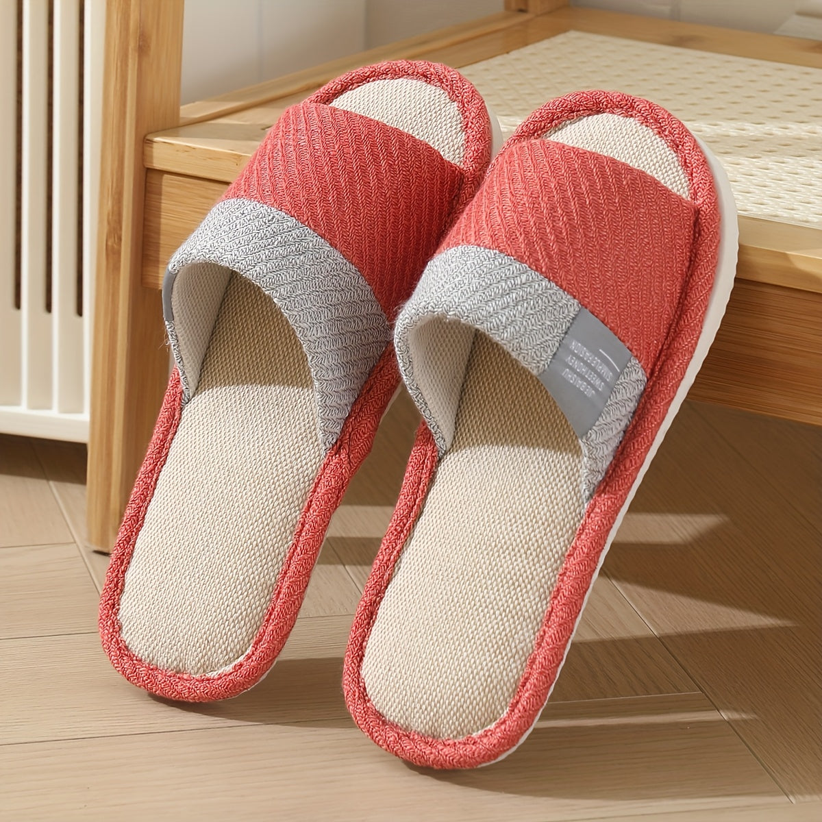 Unisex Linen Slippers Breathable Indoor Shoes Non-Slip Comfort Beige Pink