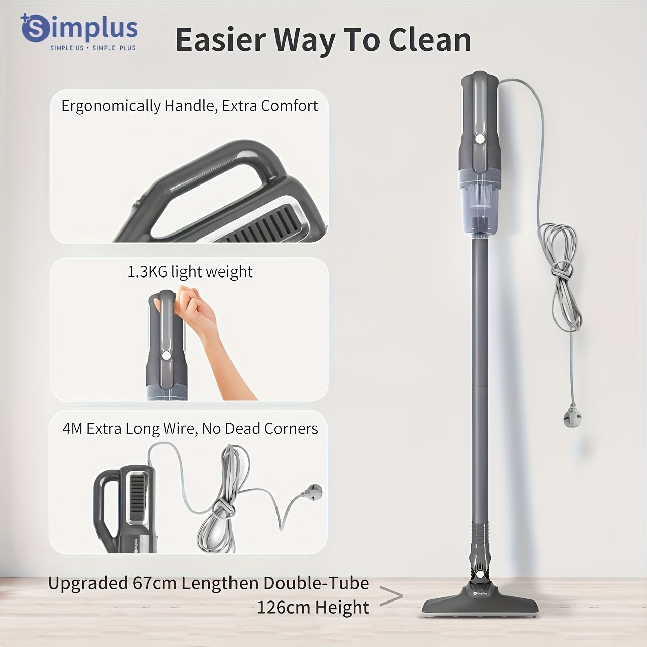 Qattiq simli changyutgich 16000PA tortish kuchi, 400W shovqin, 82dB, 0.5L chang qopqog'i va 4m sim bilan