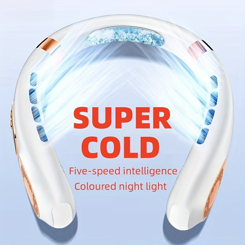 Portable Neck Fan with LED Display, 5-Speed Adjustable Cooling, USB Rechargeable for Home Office Outdoor Cycling