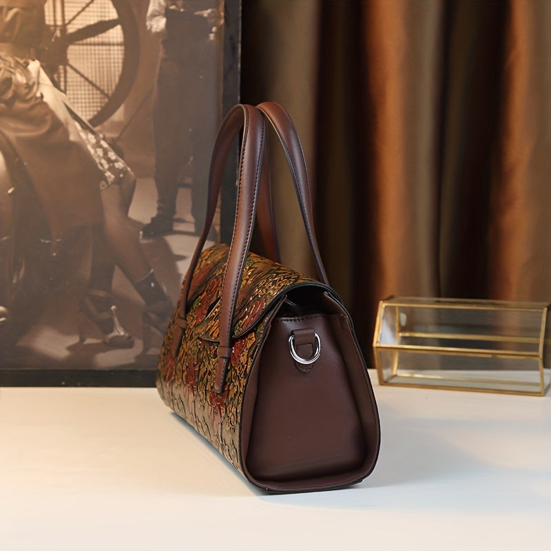 Vintage Floral Handbag for Women with Removable Strap Coffee Green PU Messenger Bag