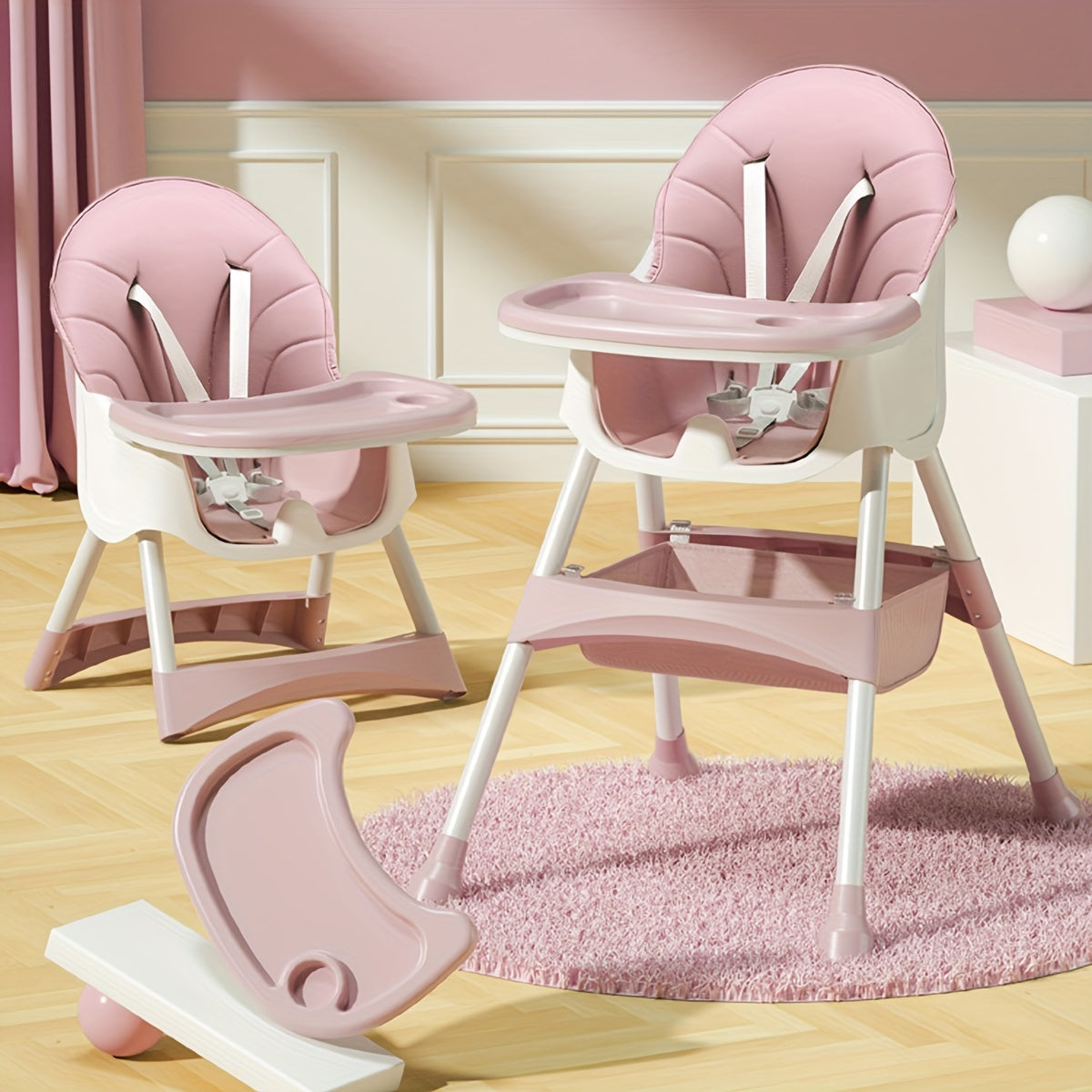 3-in-1 Convertible Baby High Chair with PU Leather Booster Seat and Safety Harness