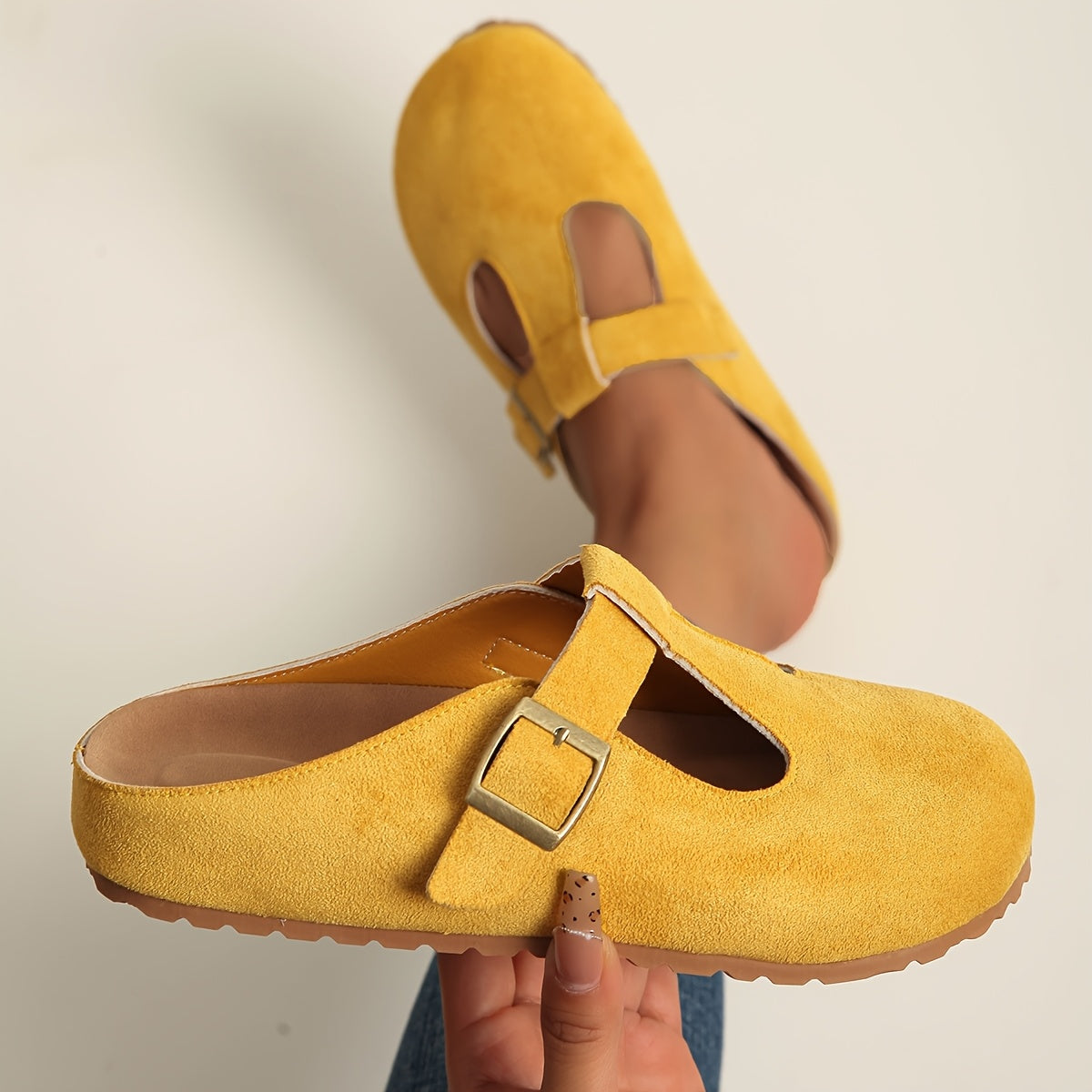 Women's Slip-On Platform Sandals with Adjustable Buckle Mustard Fabric