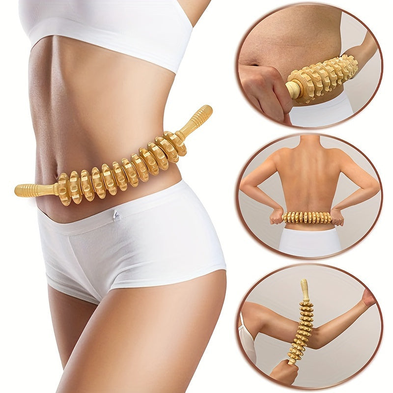 Wooden Handheld Massage Roller with 12 Curved Rollers for Muscle Tension Relief