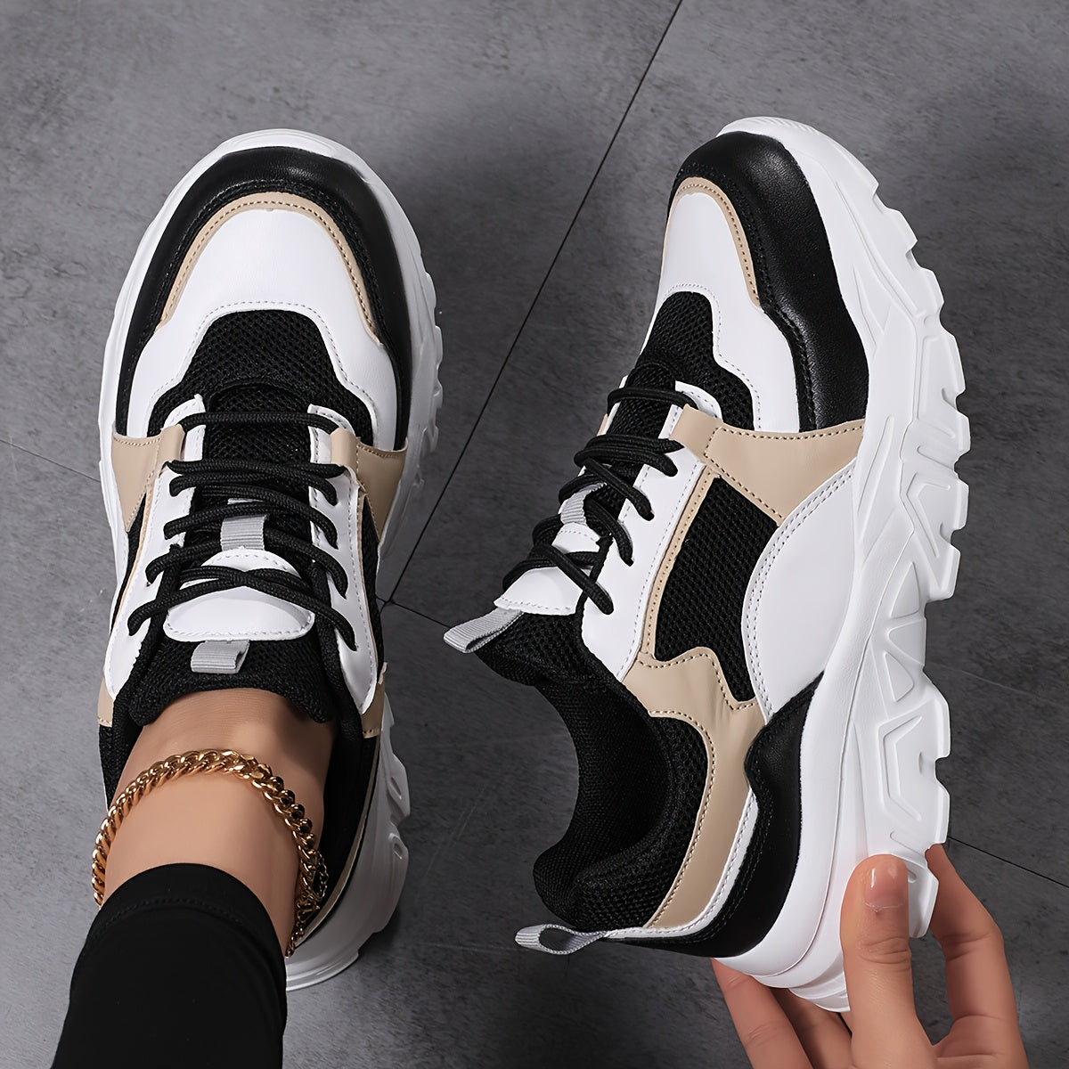 Women's White Mesh Casual Sneakers with Gold Accents All-Season Comfort