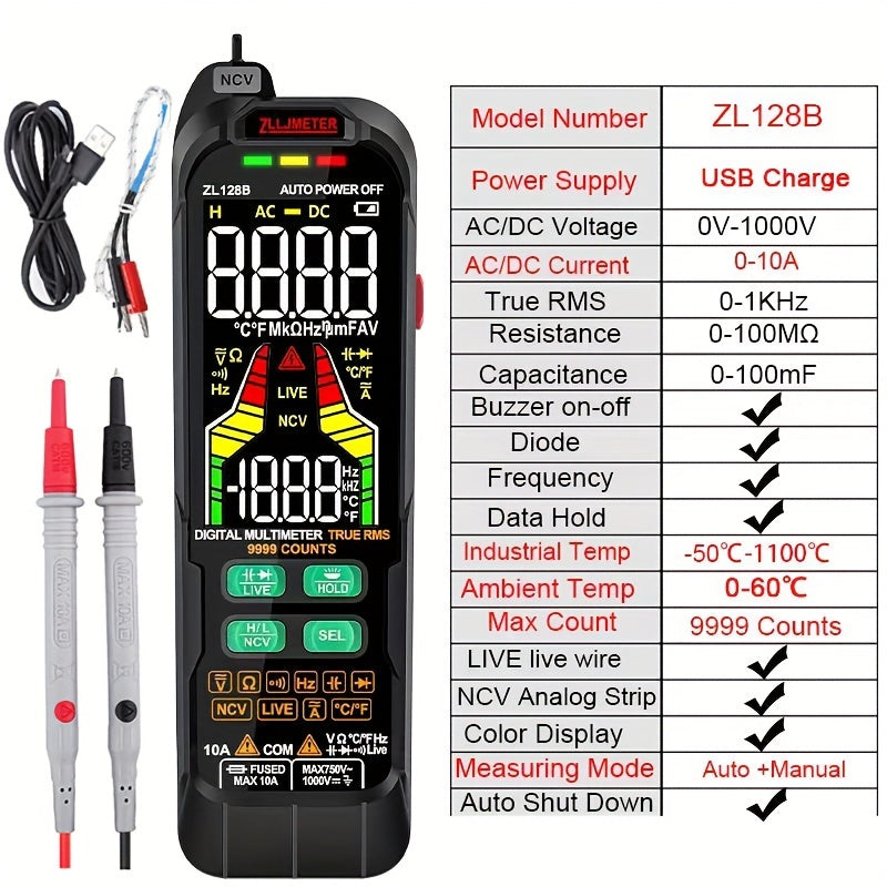 Digital Multimeter with Analog-Digital Display USB Rechargeable Pen Style AC/DC Voltage Current Capacitance Temp True RMS