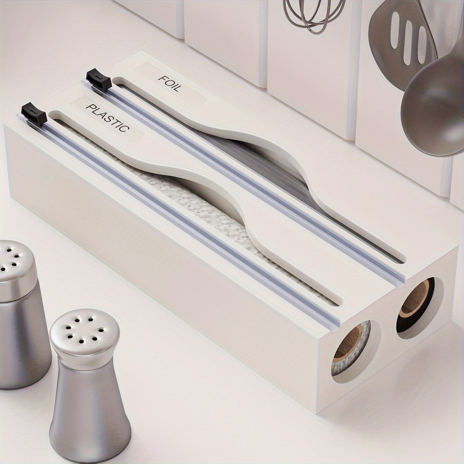 Bamboo Wrap Dispenser with Cutter for Kitchen Drawer Wall Organizer Plastic and Aluminum Foil Storage