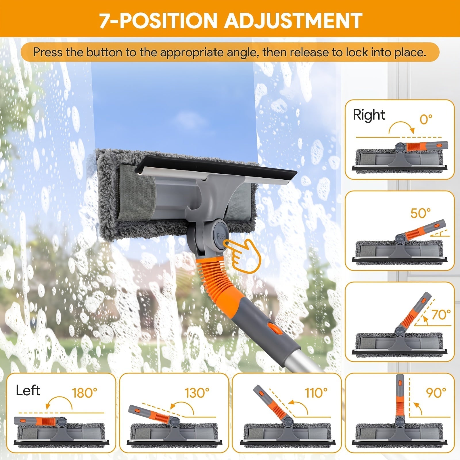 Window Cleaning Kit With Extension Pole Flexible Head Squeegee Washer Indoor Outdoor High Windows