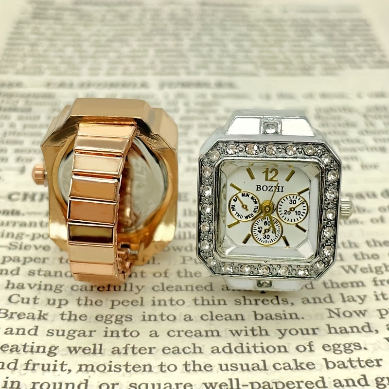 Square Quartz Finger Ring Watch for Women with Rhinestone Sparkle Jewelry