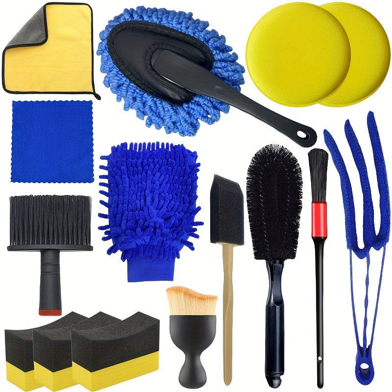Car Detailing Kit Includes Wash Mitt Wheel Brush Dusting Brush Vent Cleaning Tool Long and Short Brushes Wax Applicator Sponge Duster