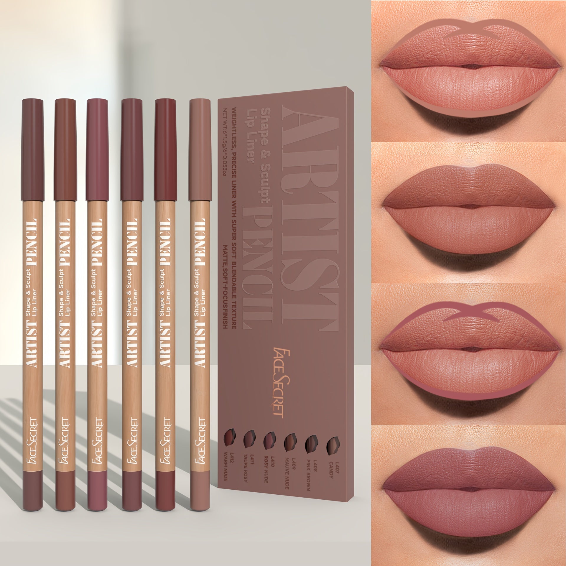 6-Piece Nude Waterproof Matte Lip Liner Set Long-Lasting Easy Application