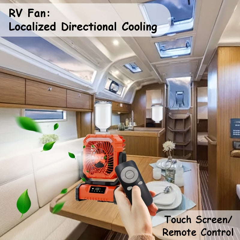 LED displey va masofadan boshqaruv bilan portativ RV ventilyatori, besh tezlikda sovutish, katta suv shishasi, uchta LED yorug'lik rejimi, favqulodda quvvat banki.