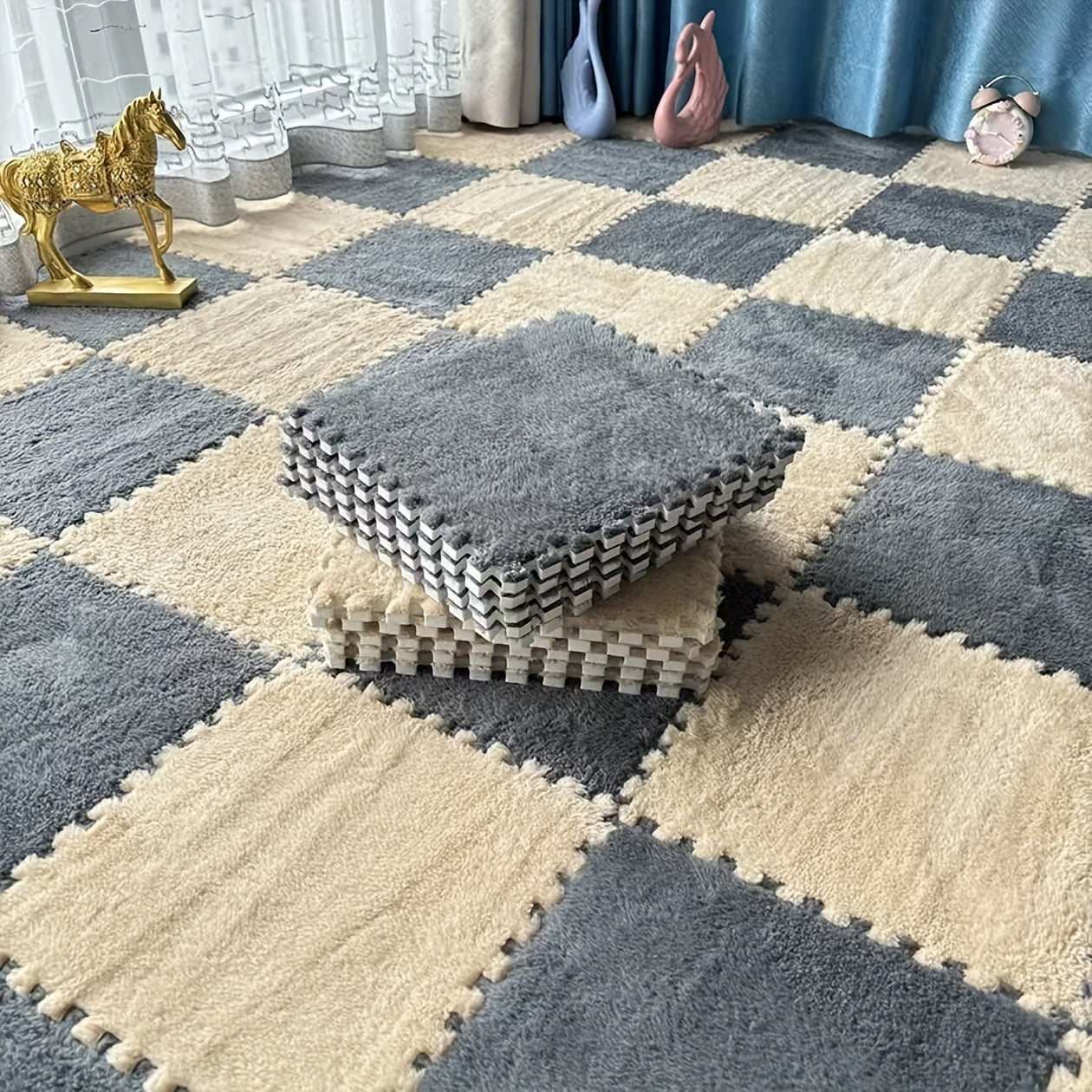 Modern Plush Patchwork Area Rug for Bedroom Living Room Indoor Washable 40 Pieces