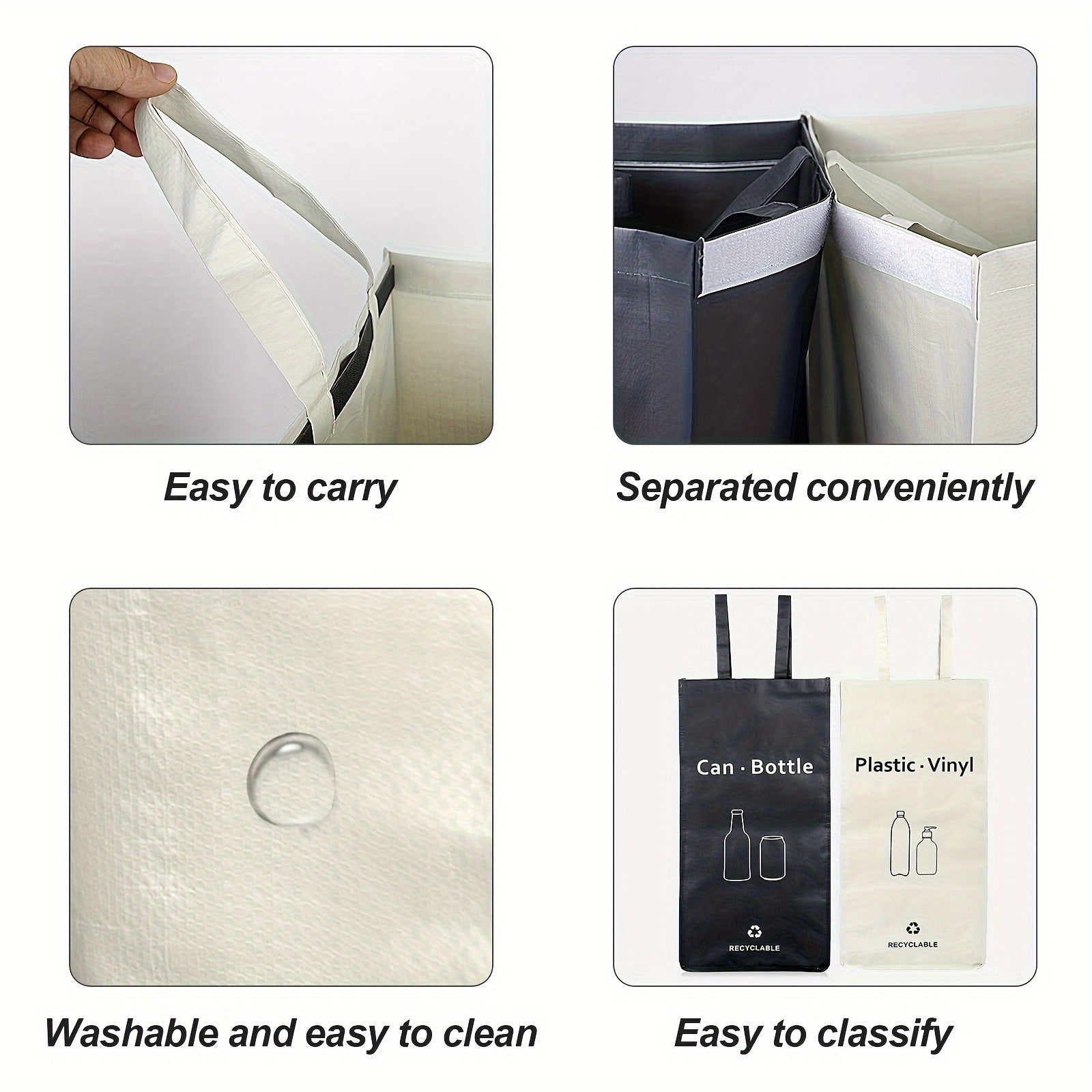 Juego de 2 bolsas reutilizables de reciclaje blancas y grises con asas 105.99L material tejido impermeable