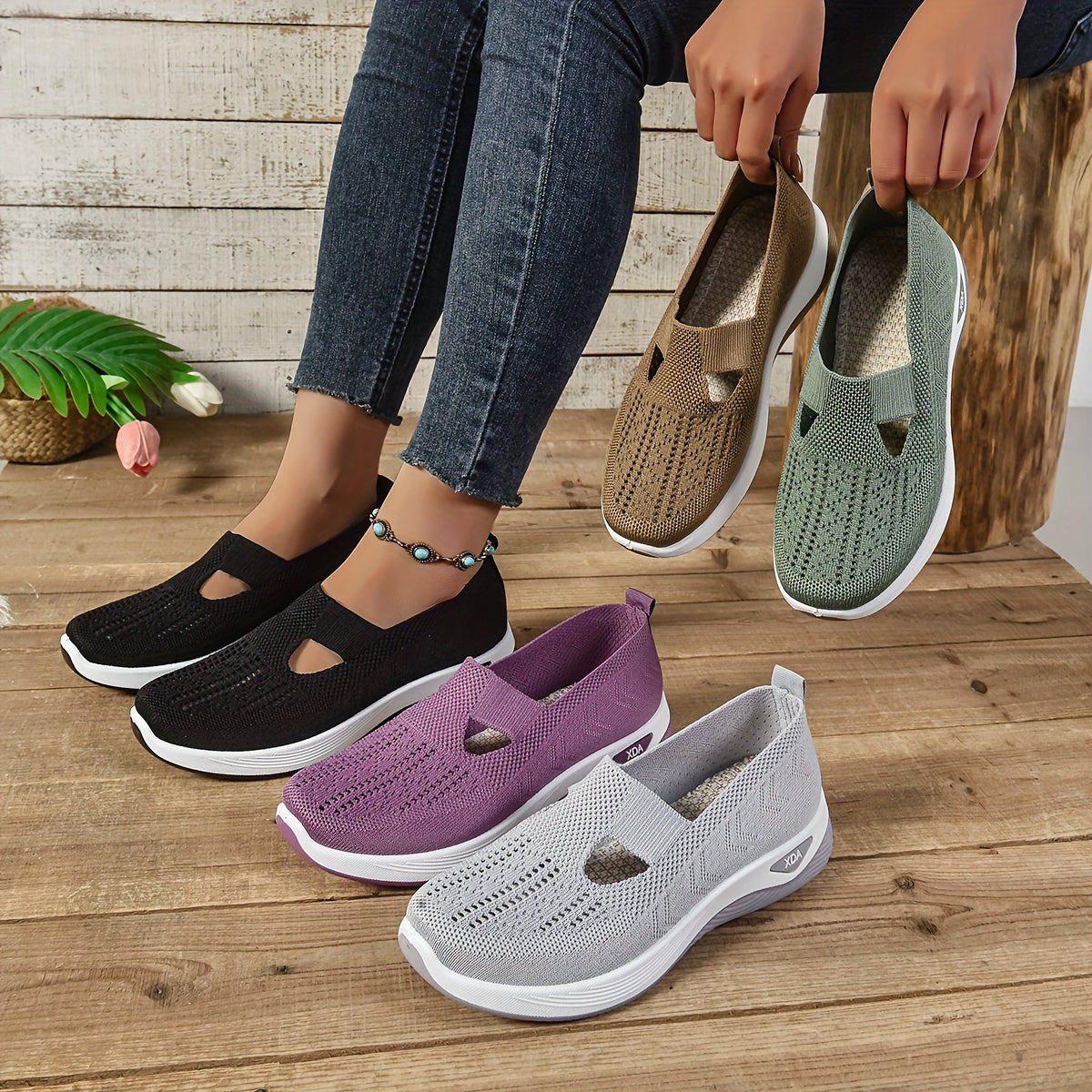 Ayollar uchun slip-on sport poyabzali, engil, nafas oladigan, trikotaj, kundalik kiyimlar uchun, turli ranglarda