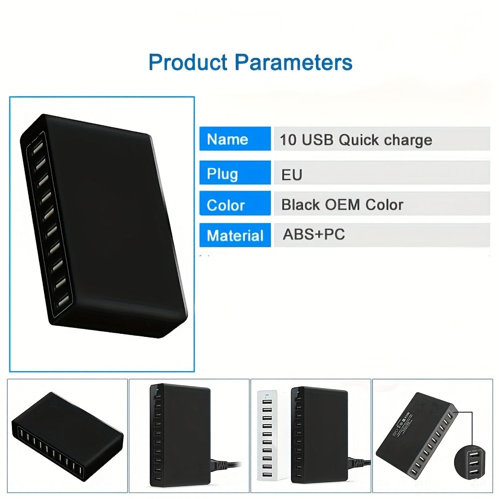 60W Fast Charging 10-Port USB Power Station European Plug Multi-Protection for iPad iPhone and USB Devices