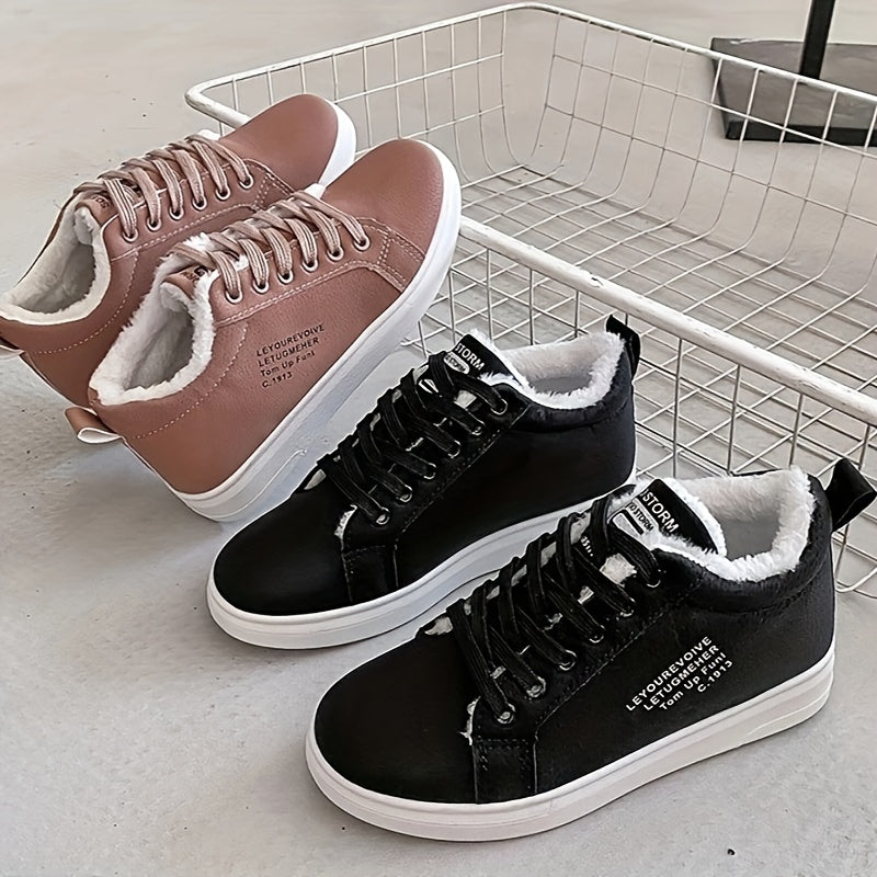 Women's Winter Lace-Up Snow Boots with Fleece Lining, Brown, Slip-Resistant Rubber Sole