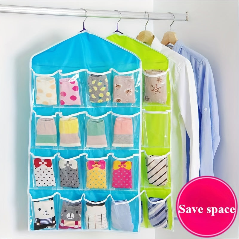 Set of 3 Hanging Storage Bags with 16 Pockets for Socks Underwear and Accessories Space-Saving Wardrobe Organizer