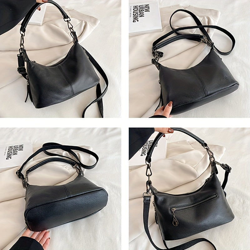 Women's Genuine Leather Shoulder Bag Large Capacity Casual Zipper Closure Adjustable Strap Black Blue