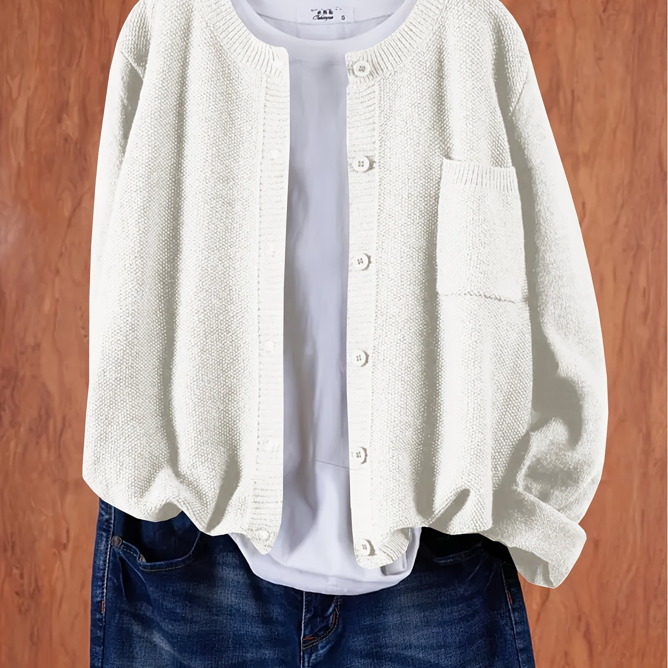 Cárdigan casual de punto para mujer talla grande rosa con botones y bolsillos