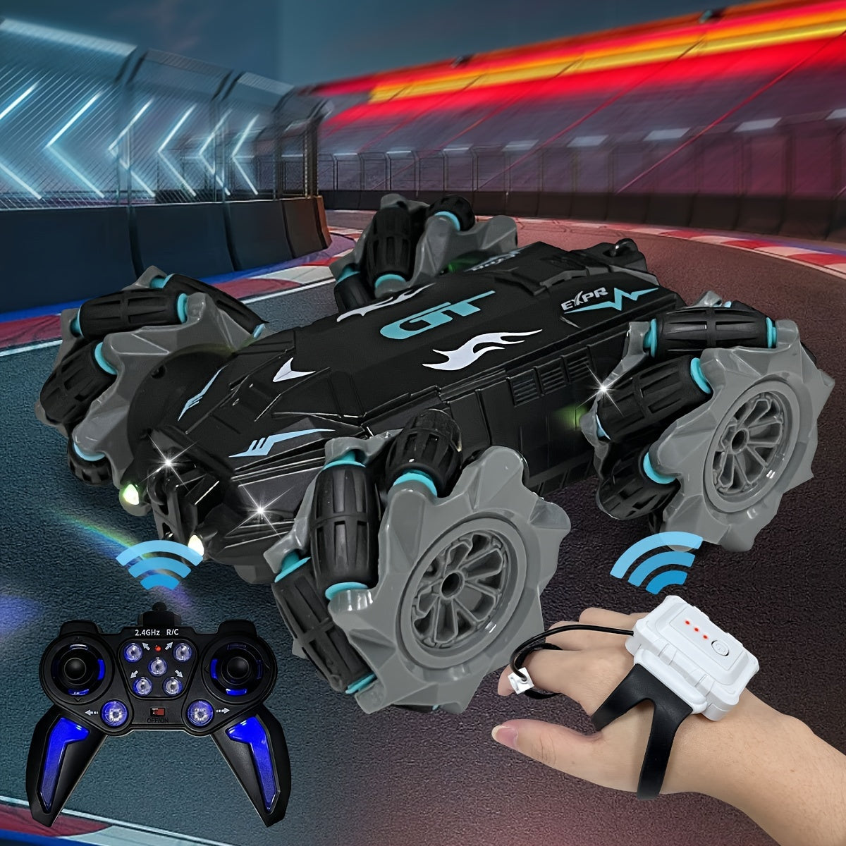 Coche de acrobacias RC con temática de fantasía con control por gestos, luces LED y música para niños de 8 años en adelante