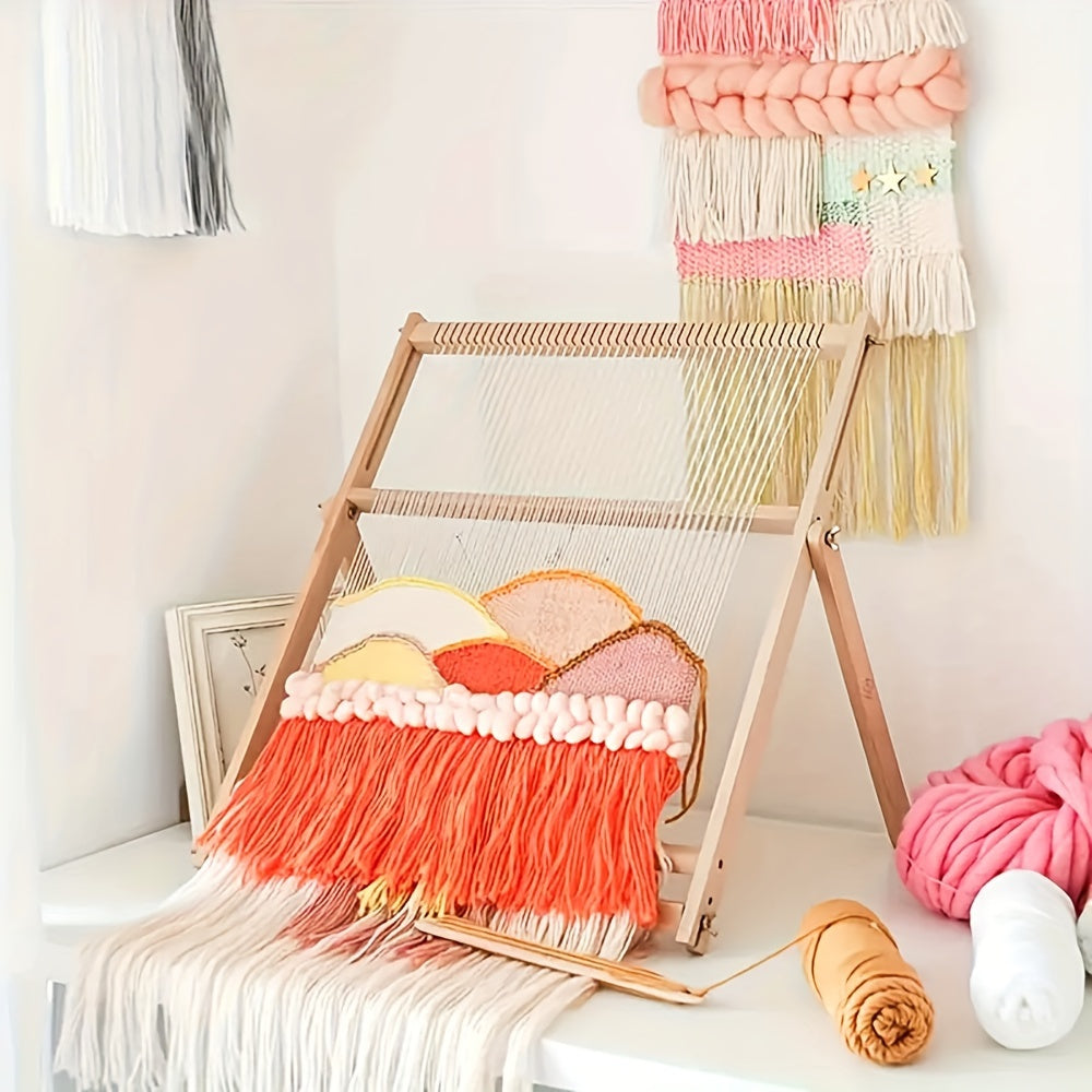 Handmade Wooden Weaving Loom Kit for DIY Tapestries and Carpets in Khaki