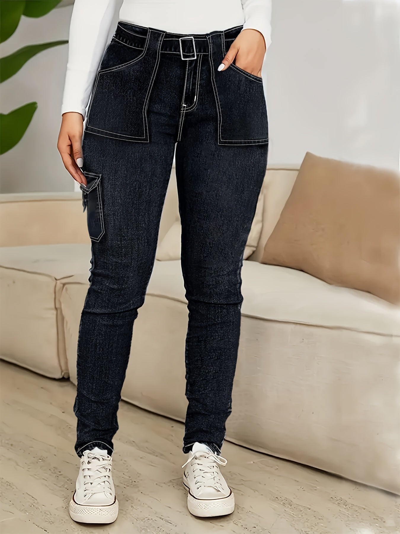 Women's Plus Size High-Waisted Skinny Jeans Dark Navy All-Season Stretch Casual Pants