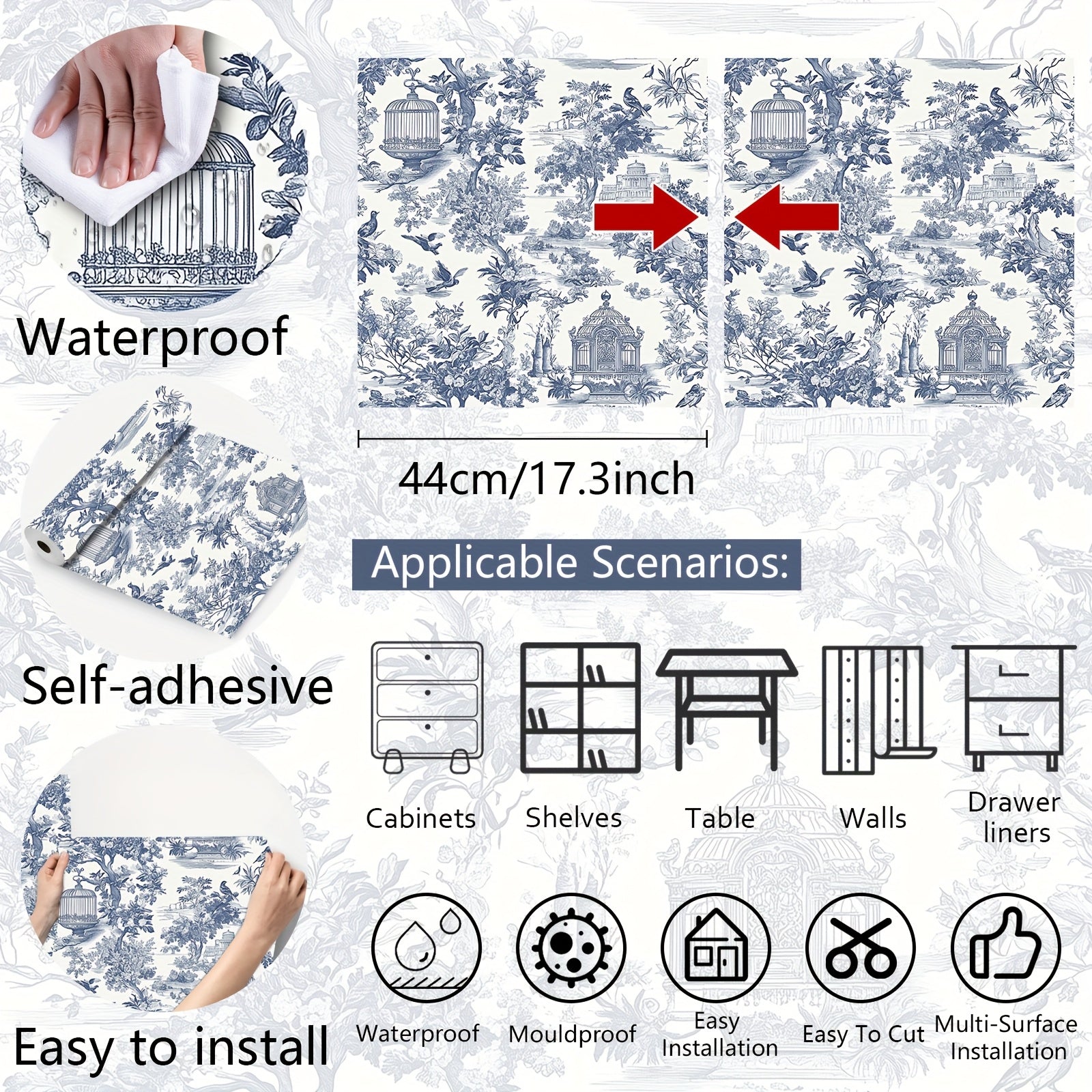 Retro Vinyl Wallpaper Blue Countryside Botanical Landscape Peel and Stick Waterproof Detachable for Home Decor