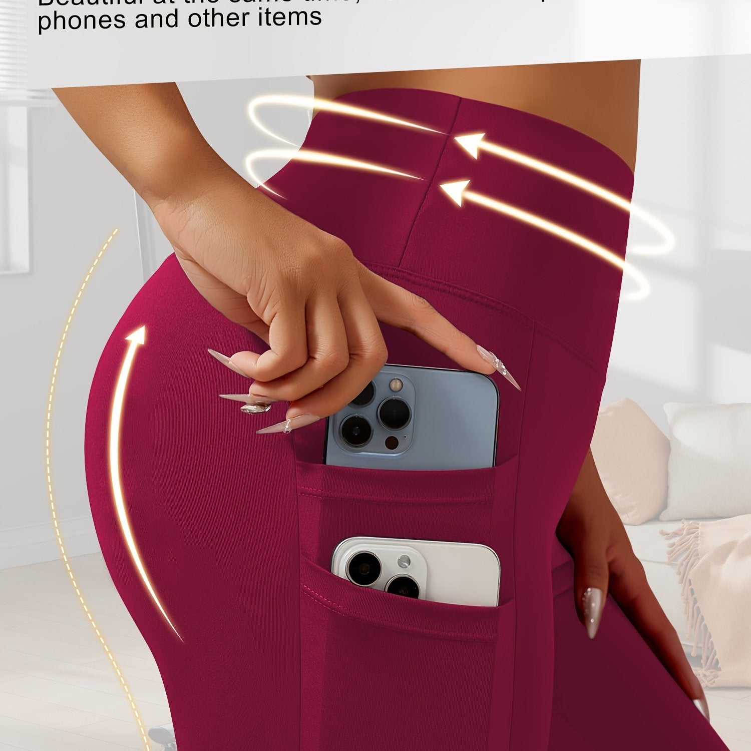 Leggings de talla grande con cintura alta y bolsillos, de poliéster elástico y elastano