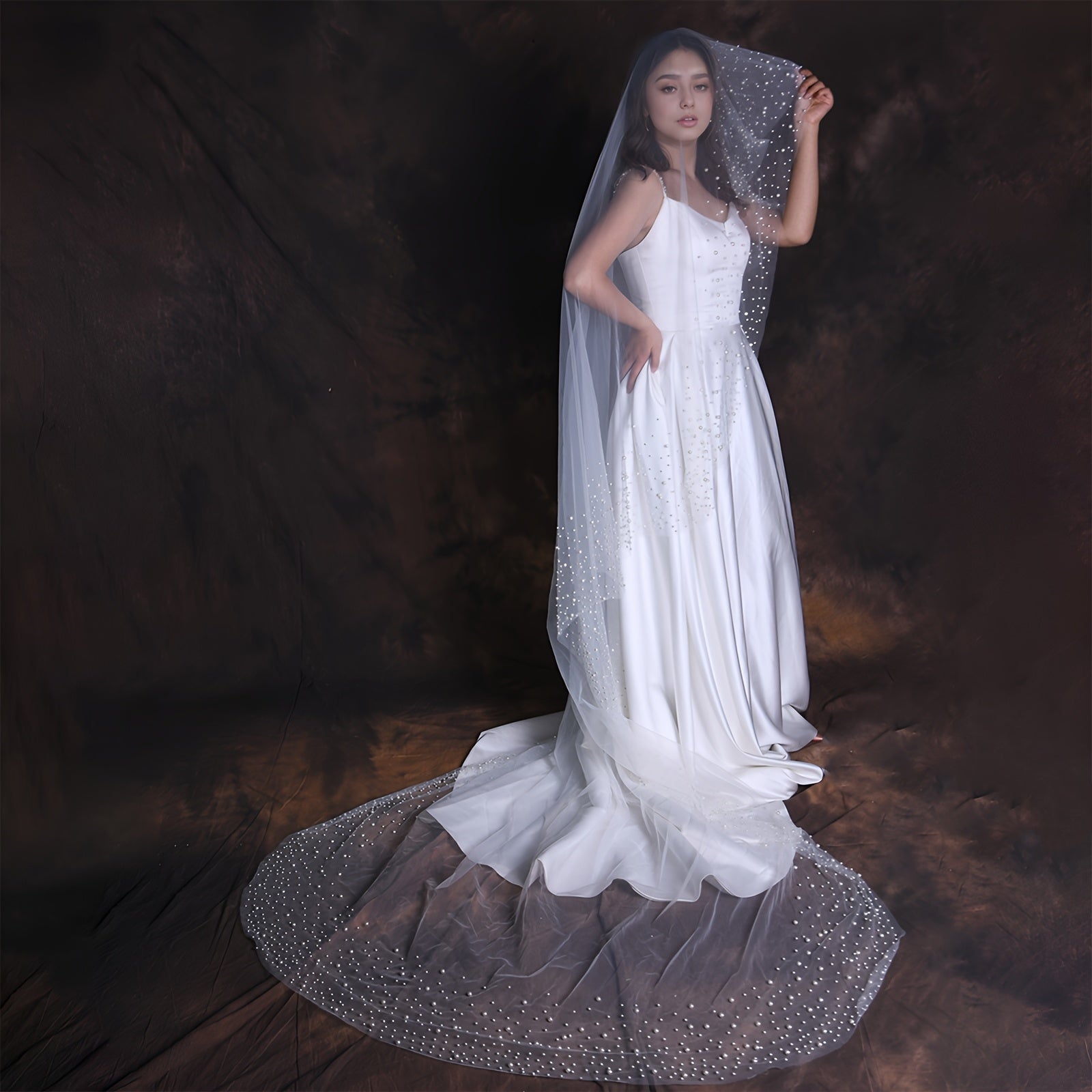 Elegant Bridal Veil with Pearls Nylon Cathedral Length Wedding Accessory