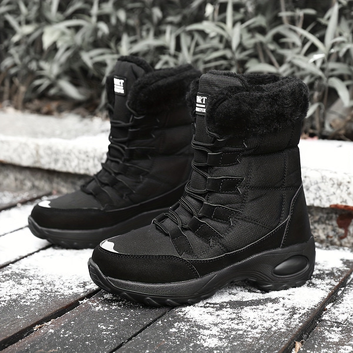 Women's Plush Lined Mid-Calf Snow Boots Casual Winter Lace-Up Black White