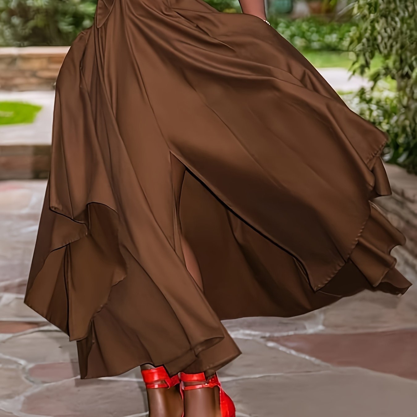 Plus Size Midi Skirt with Belt Side Slit High Waist Non-Stretch Polyester for Spring Summer Fall