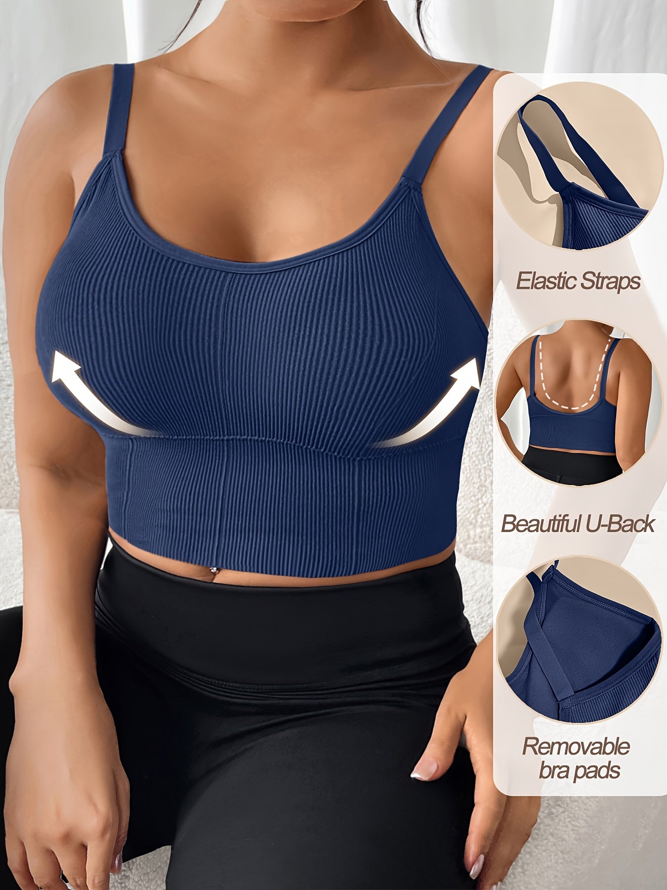 Women's Plus Size Sports Bras Ribbed Wireless High Elasticity Removable Pads Black White Brown Navy Blue Set