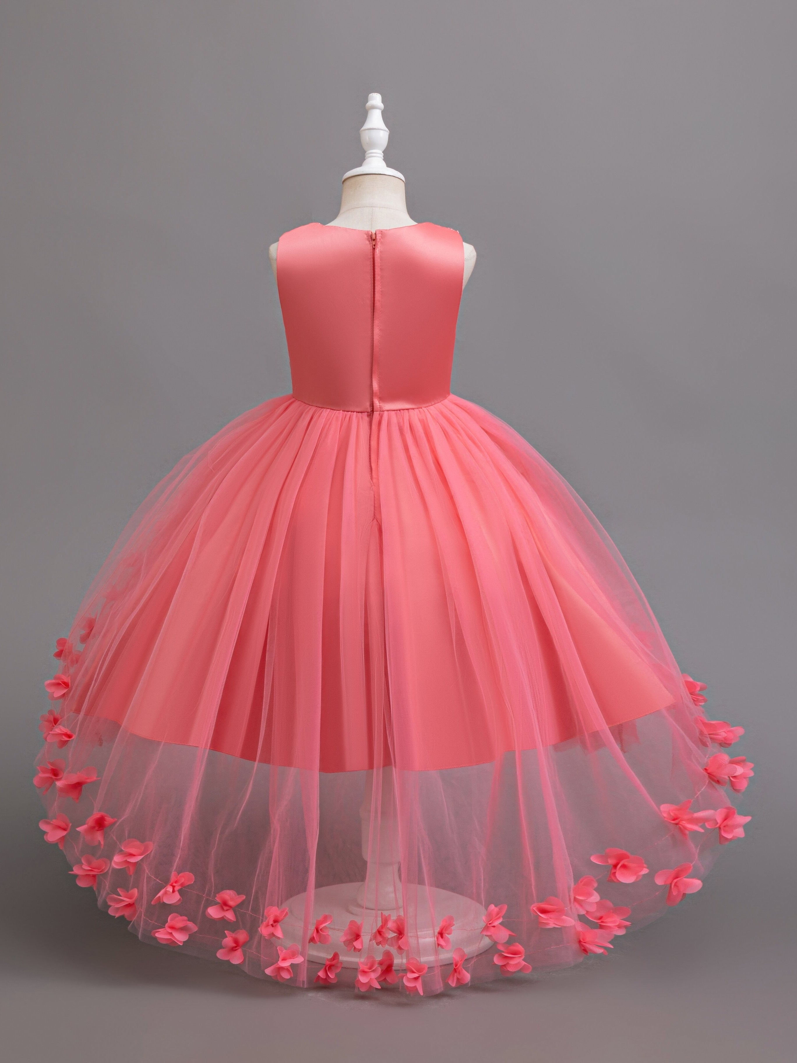 Children's Sleeveless Dress with Tiered Mesh Tutu Faux Pearls Bowknot Floral Summer