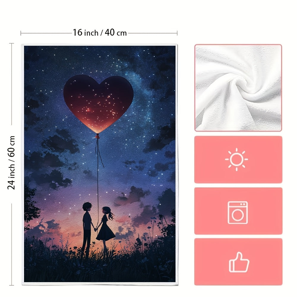 2 Ultra Soft Absorbent Kitchen Towels with Anime Couple and Heart Balloon