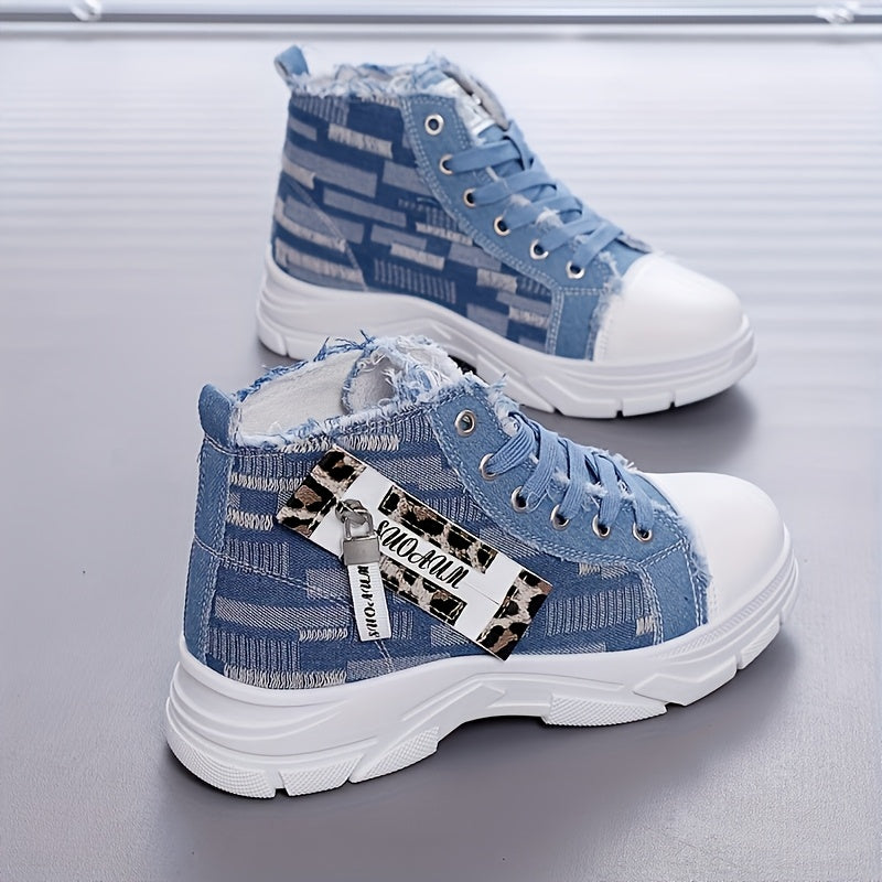 Women's Denim High-Top Sneakers with Zipper, Thick Sole, Comfortable Insole